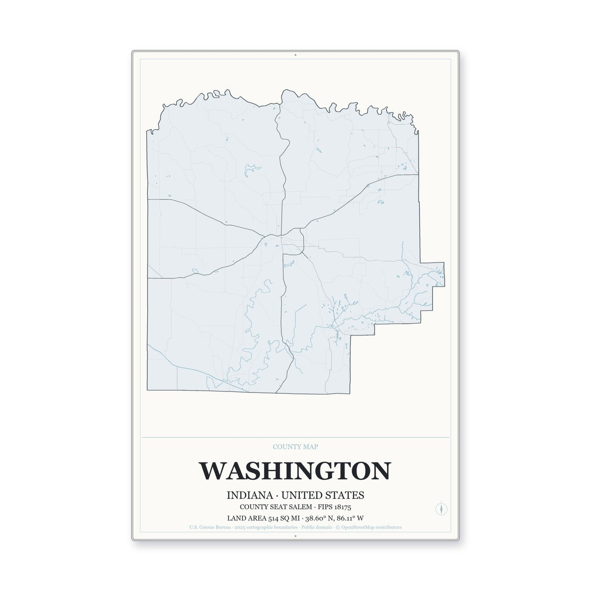 Washington County, Indiana Map Aluminum Sign in Gallery Air style