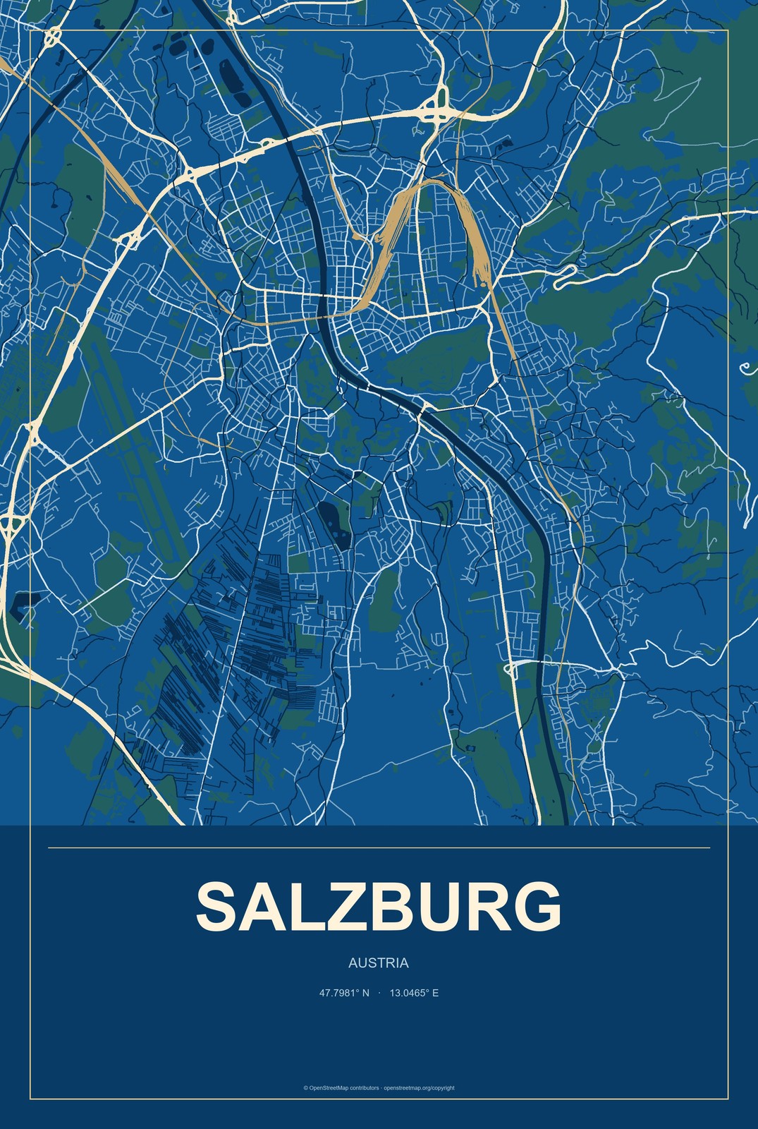 Salzburg, Austria City Map Aluminum Sign in Harbor Cobalt style