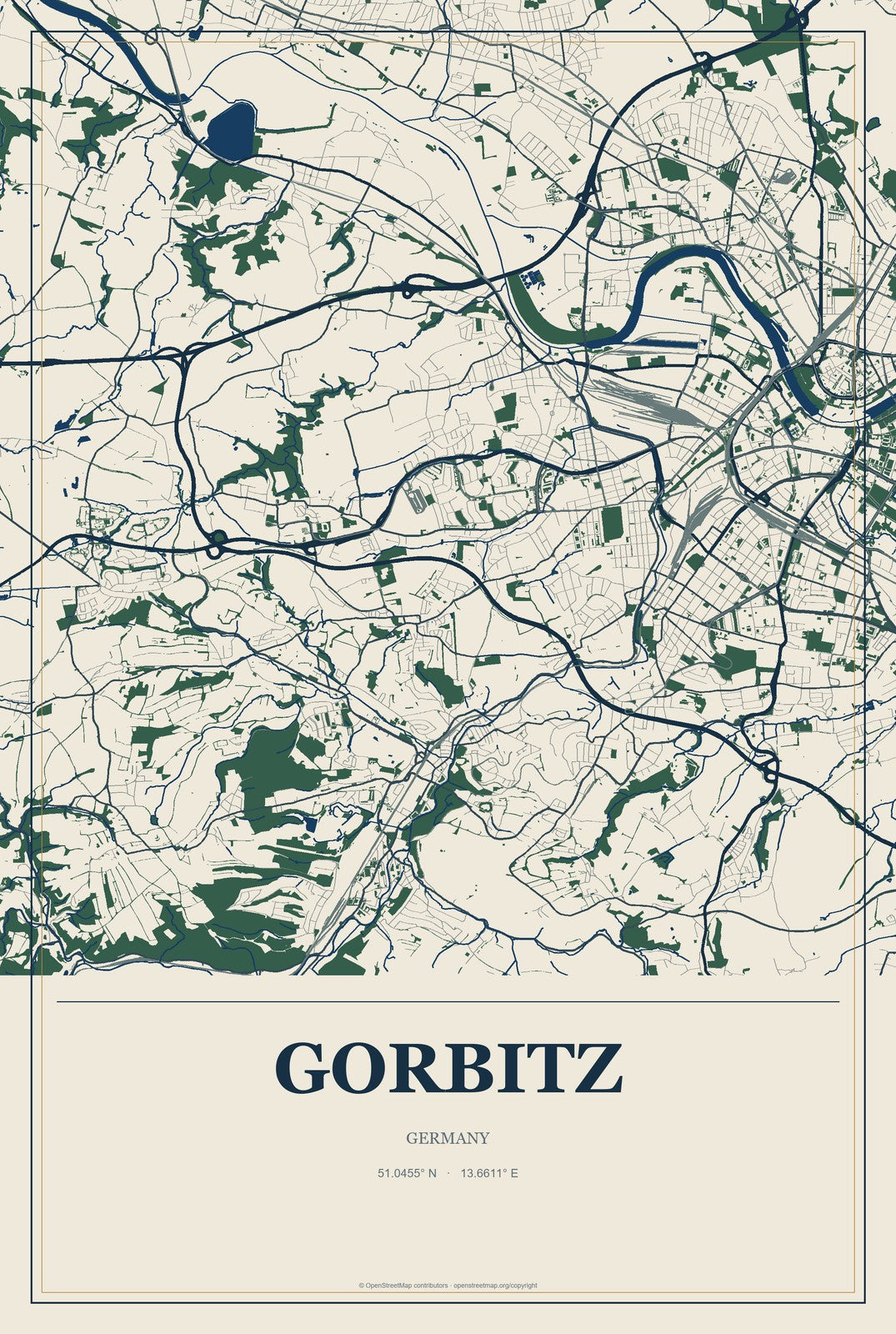 Gorbitz, Germany City Map Aluminum Sign in Coastal Cutout style
