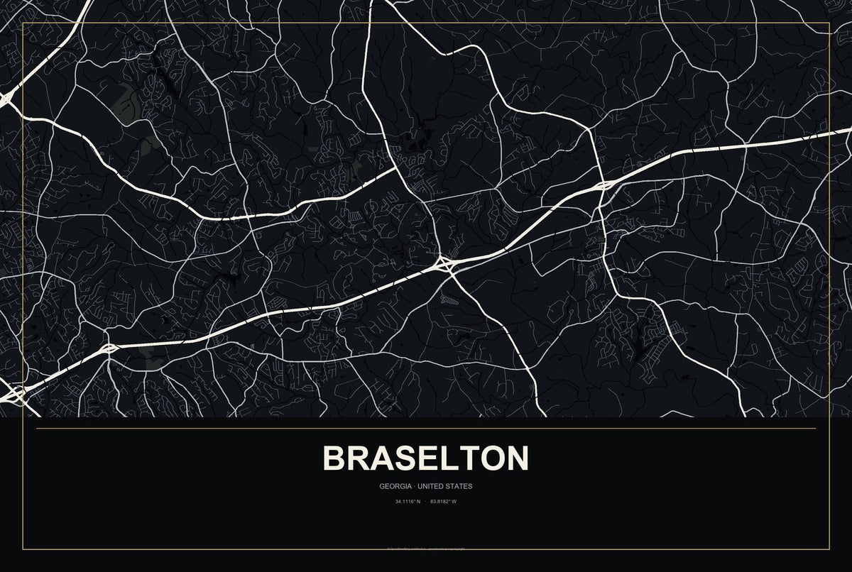 Braselton, Georgia City Map Aluminum Sign in Metropolitan Noir style