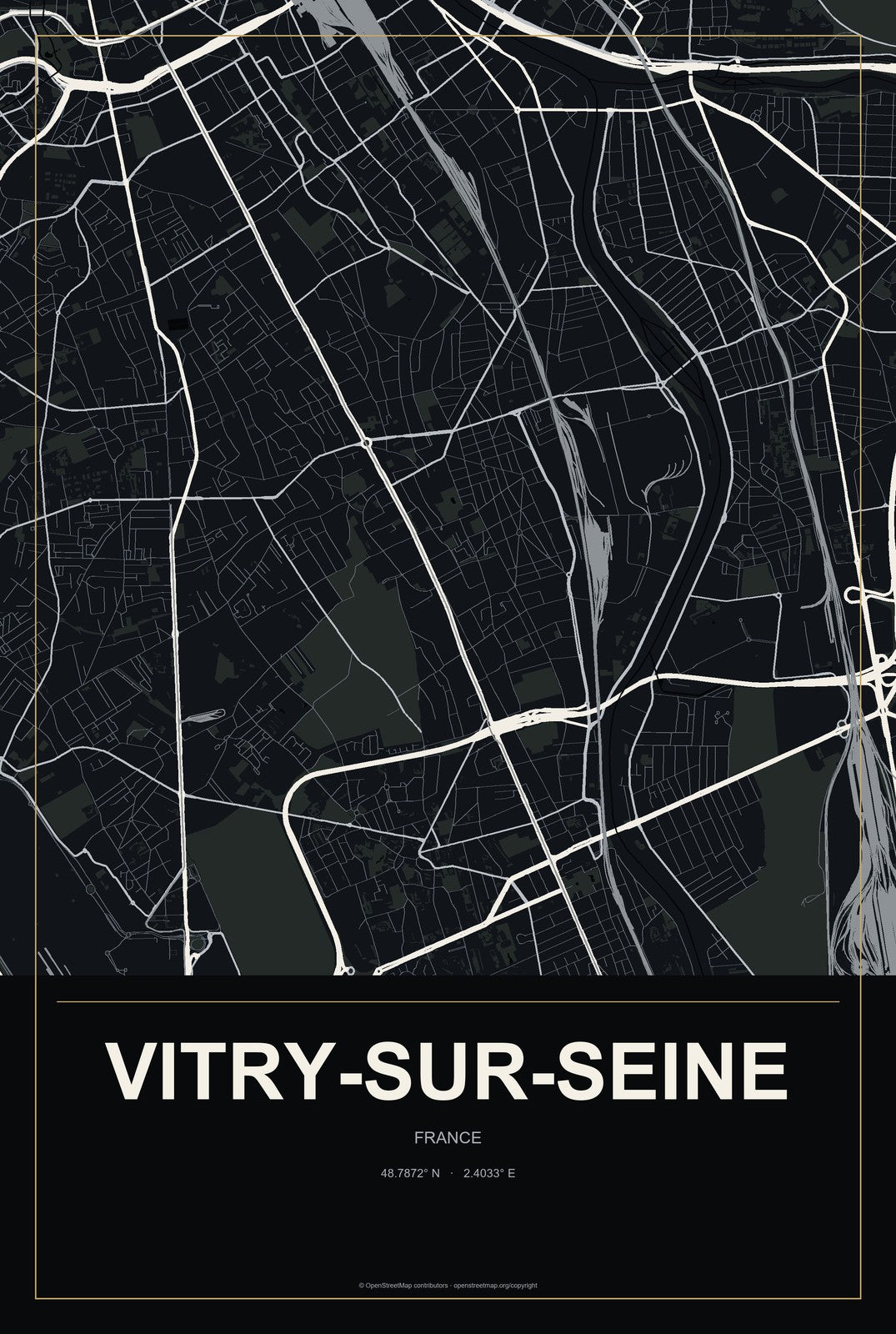 Vitry-sur-Seine, France City Map Aluminum Sign in Metropolitan Noir style