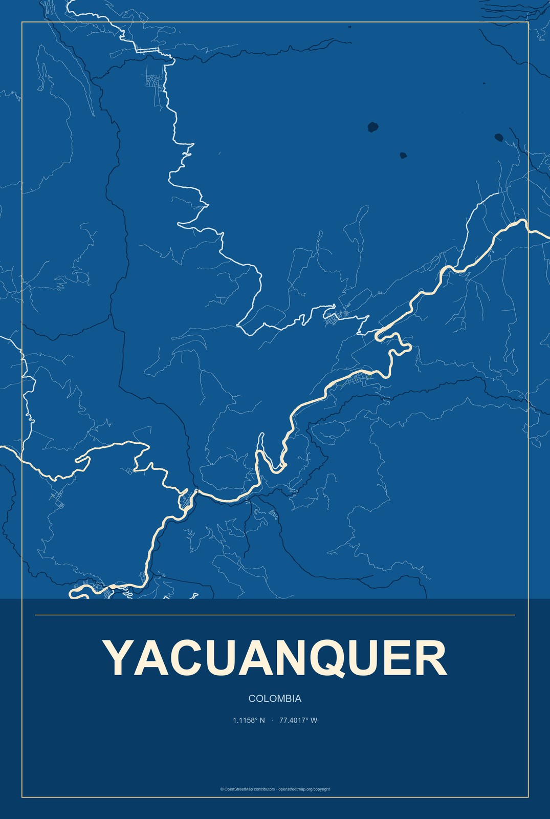 Yacuanquer, Colombia City Map Aluminum Sign in Harbor Cobalt style