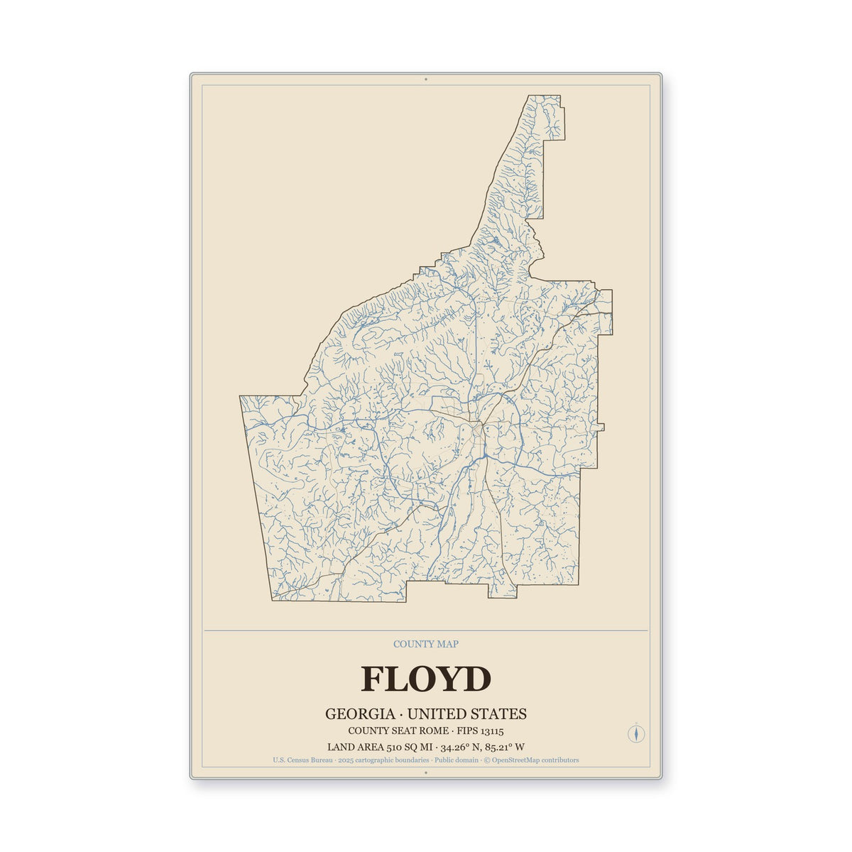 Floyd County, Georgia Map Aluminum Sign in Heritage Nautical style
