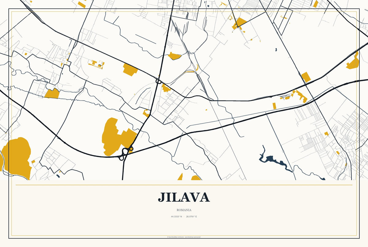 Jilava, Romania City Map Aluminum Sign in Citrine Modern style
