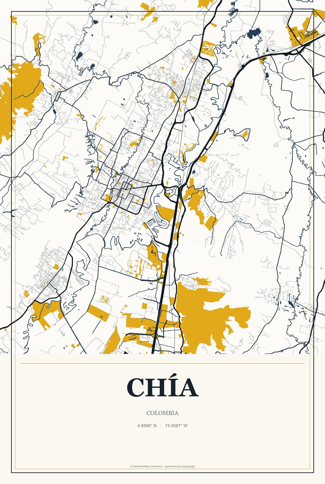 Chía, Colombia City Map Aluminum Sign in Citrine Modern style