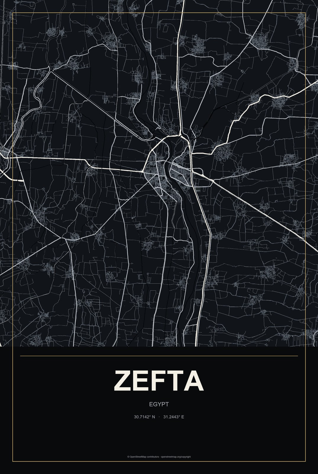 Zefta, Egypt City Map Aluminum Sign in Metropolitan Noir style