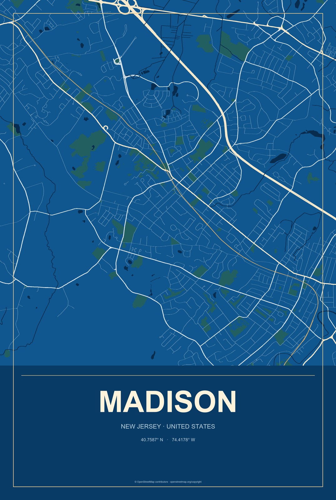 Madison, New Jersey City Map Aluminum Sign in Harbor Cobalt style