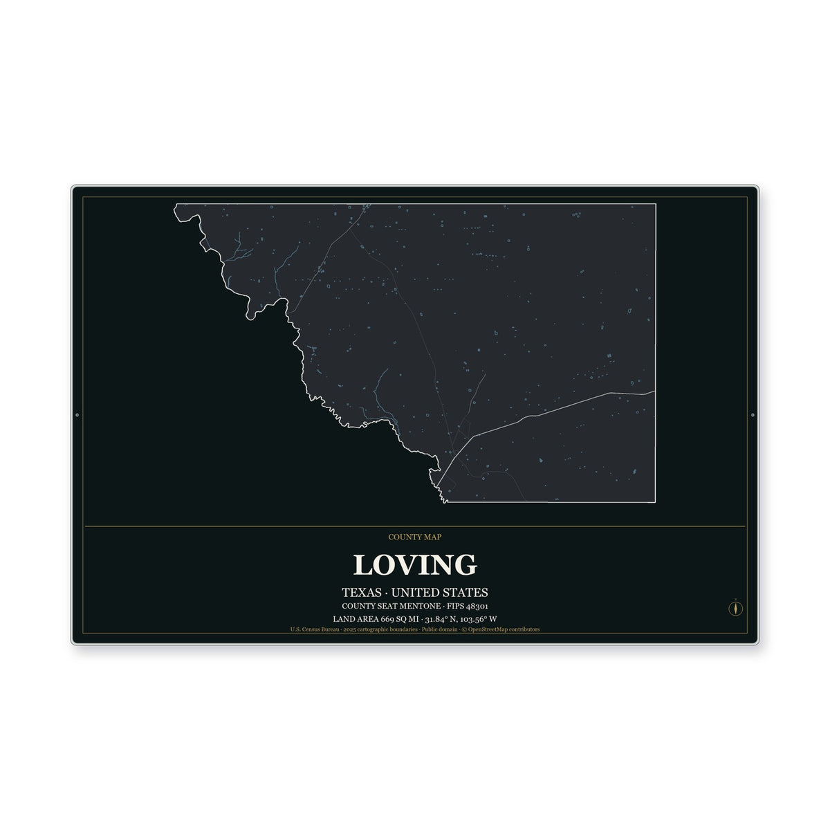 Loving County, Texas Map Aluminum Sign in Metropolitan Noir style