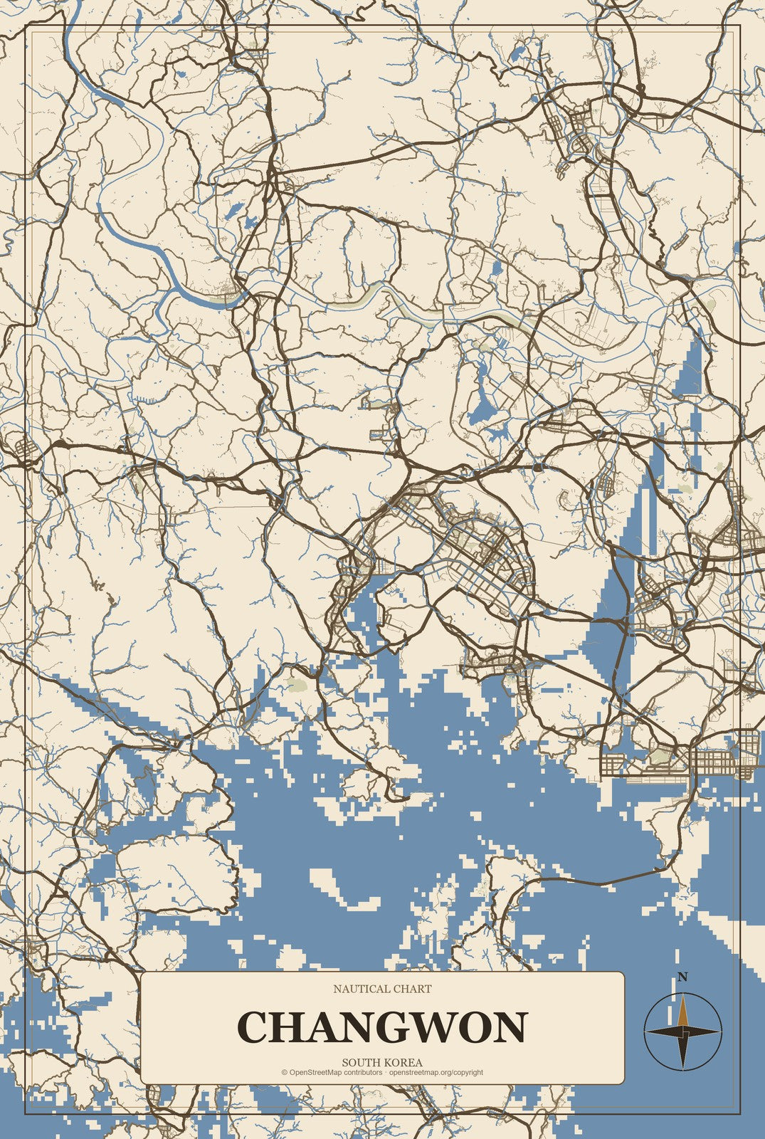 Changwon, South Korea City Map Aluminum Sign in Heritage Nautical style
