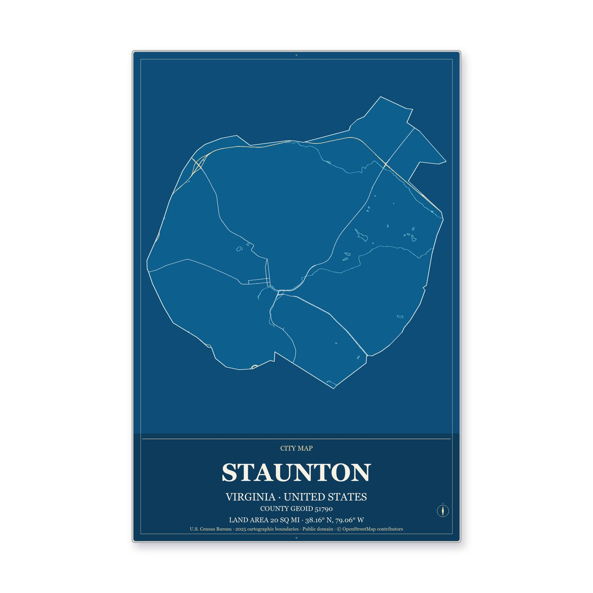 Staunton city, Virginia Map Aluminum Sign in Harbor Cobalt style
