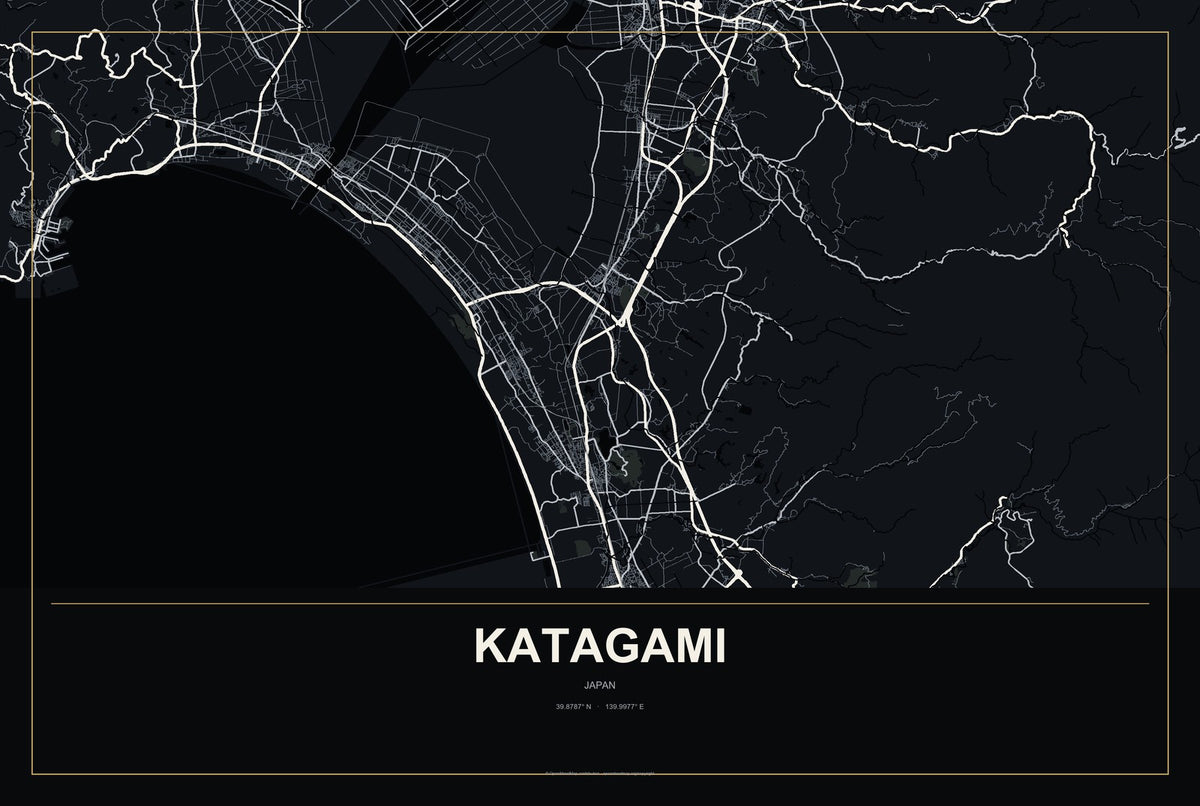 Katagami, Japan City Map Aluminum Sign in Metropolitan Noir style
