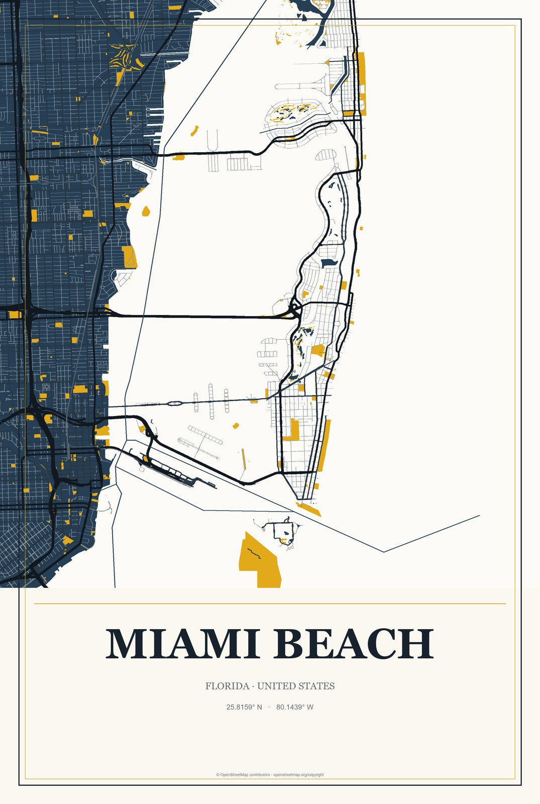 Miami Beach, Florida City Map Aluminum Sign in Citrine Modern style