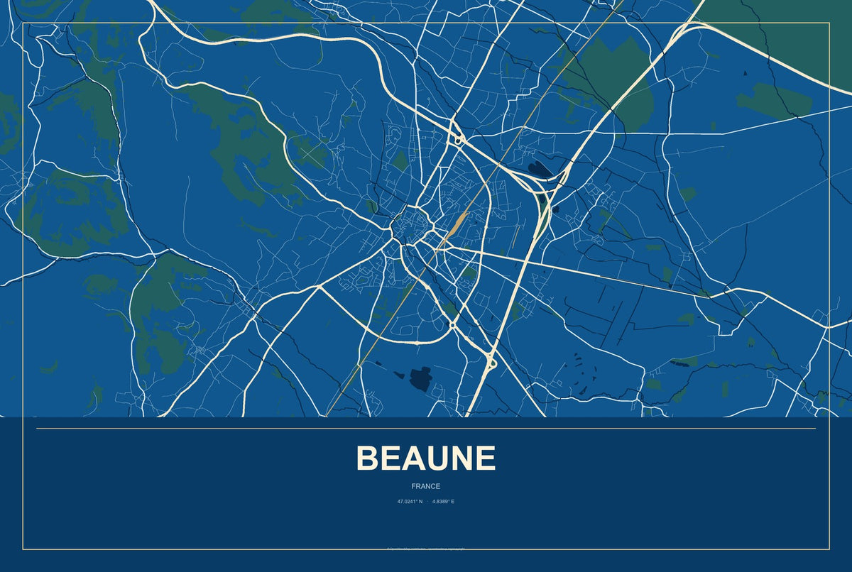 Beaune, France City Map Aluminum Sign in Harbor Cobalt style