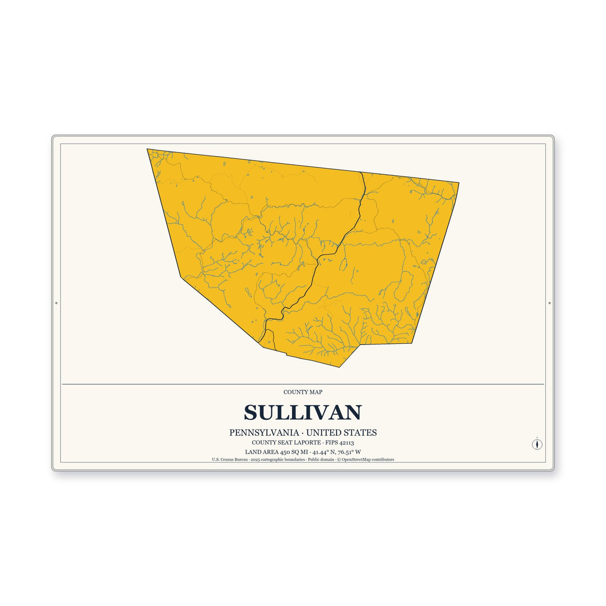 Sullivan County, Pennsylvania Map Aluminum Sign in Citrine Modern style