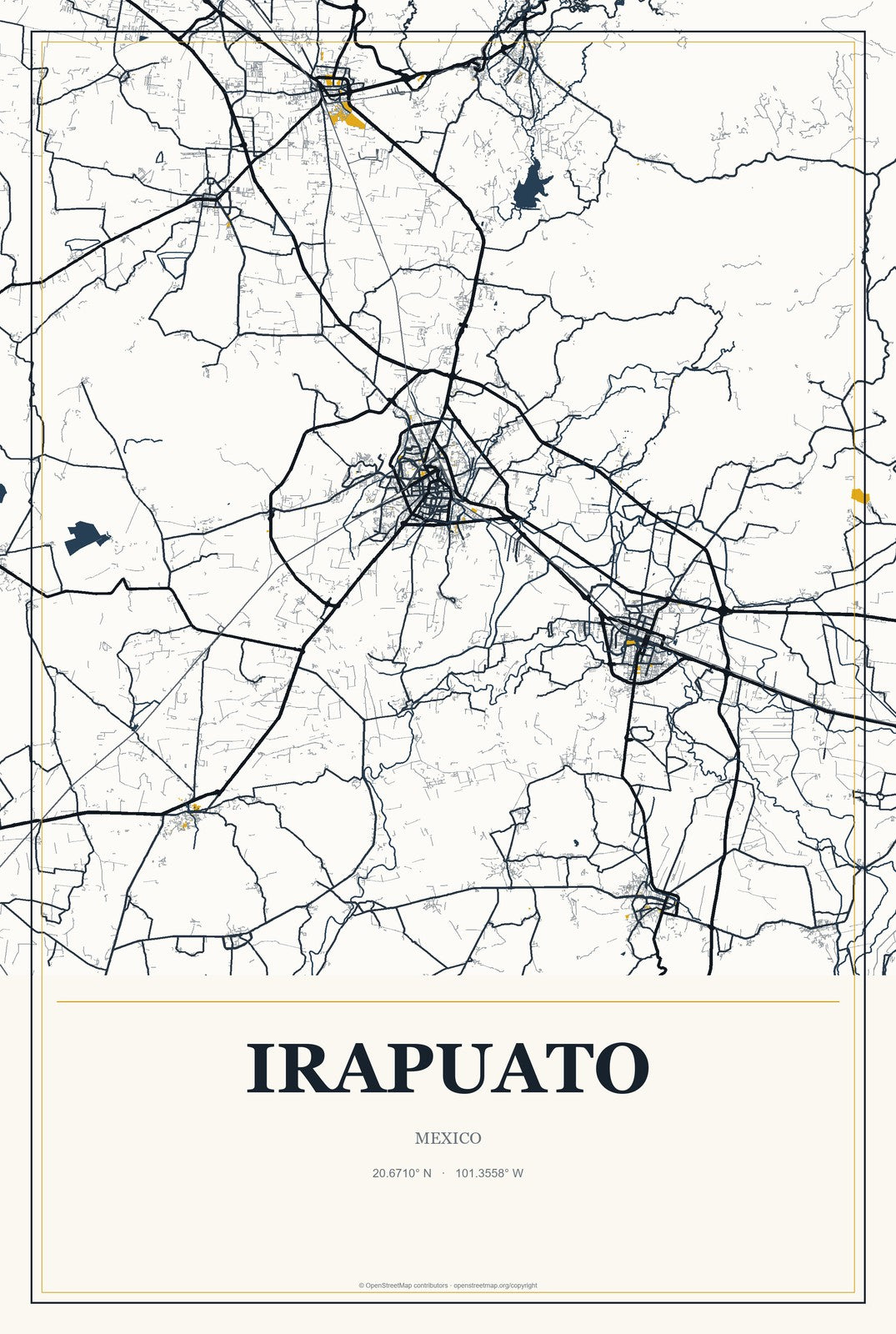 Irapuato, Mexico City Map Aluminum Sign in Citrine Modern style