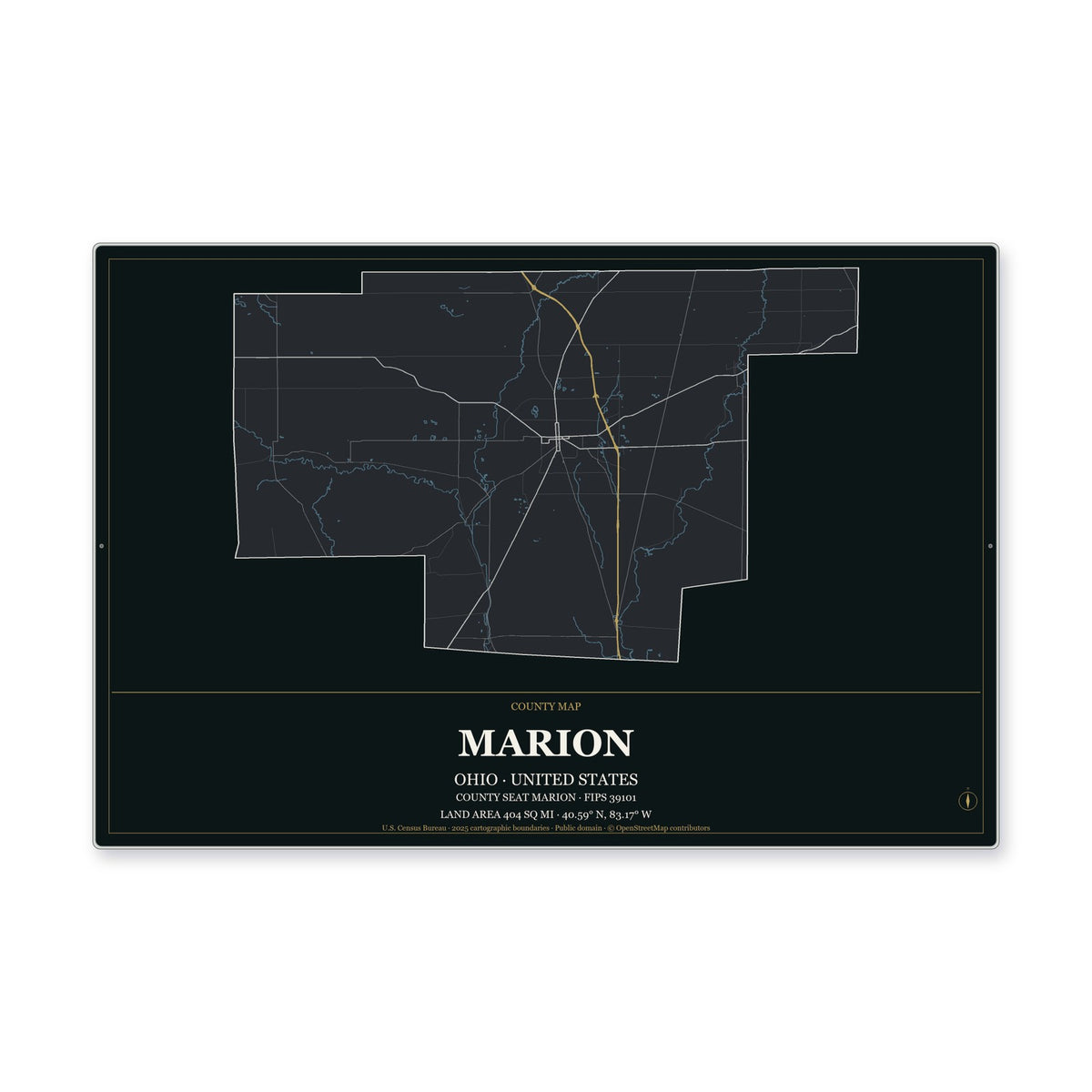 Marion County, Ohio Map Aluminum Sign in Metropolitan Noir style