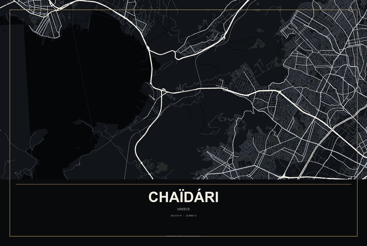 Chaïdári, Greece City Map Aluminum Sign in Metropolitan Noir style