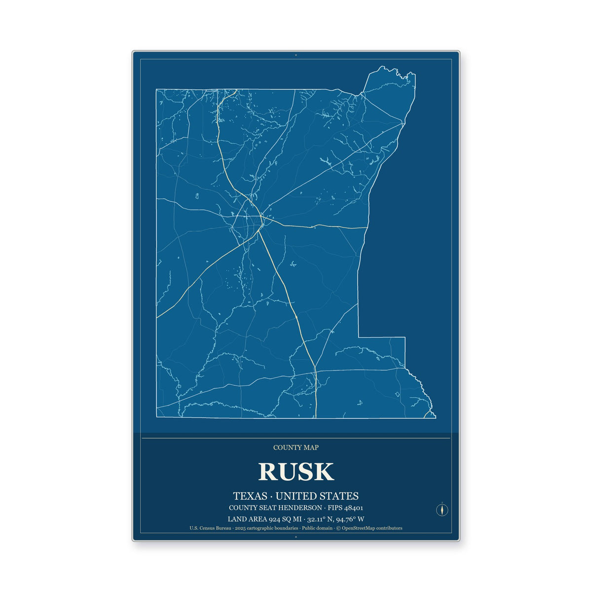 Rusk County, Texas Map Aluminum Sign in Harbor Cobalt style