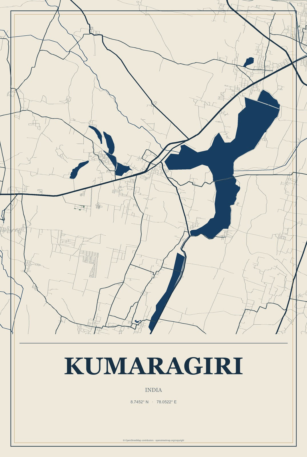 Kumaragiri, India City Map Aluminum Sign in Coastal Cutout style