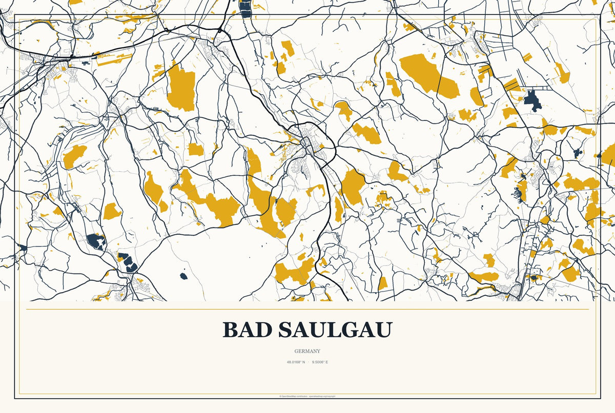 Bad Saulgau, Germany City Map Aluminum Sign in Citrine Modern style