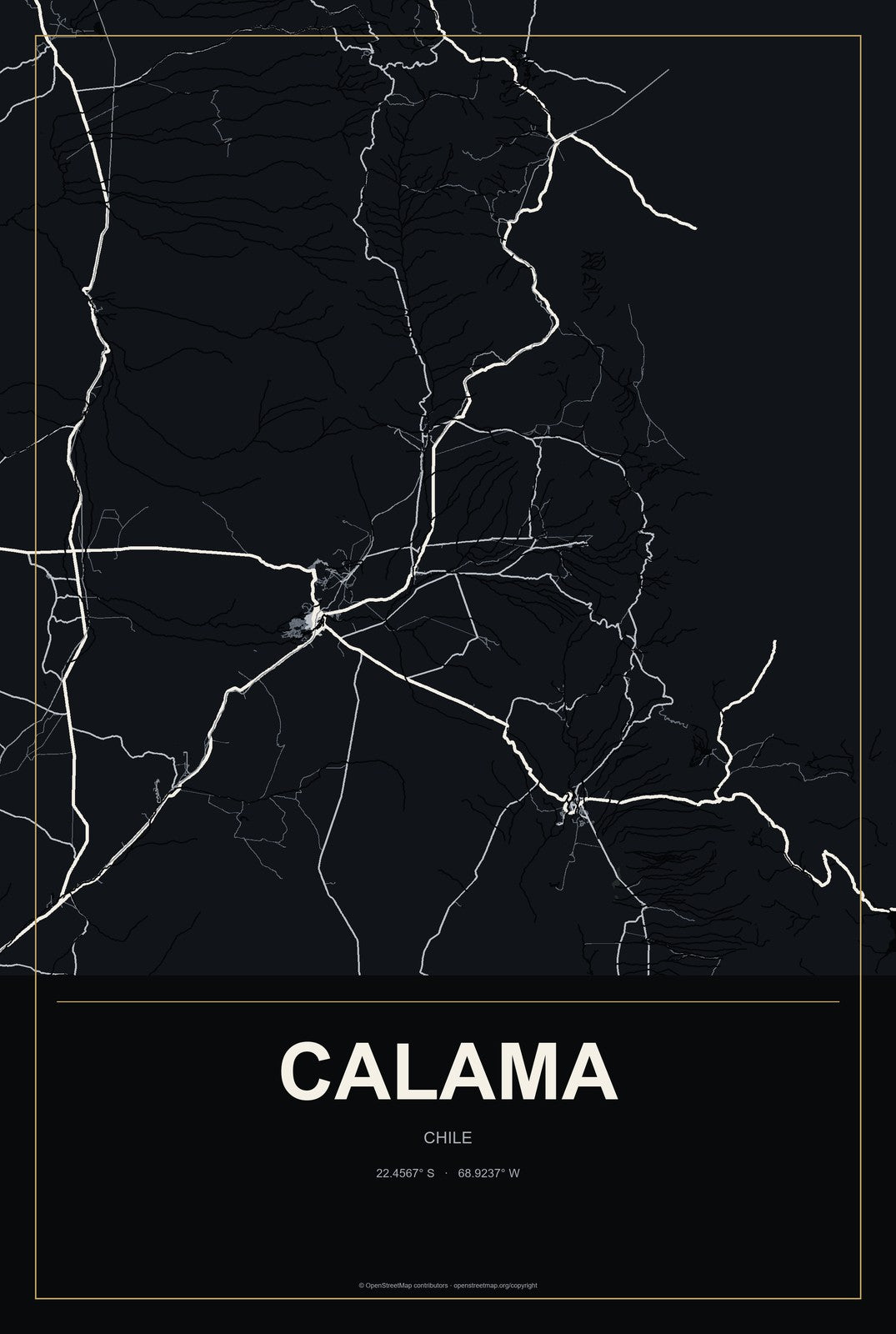 Calama, Chile City Map Aluminum Sign in Metropolitan Noir style