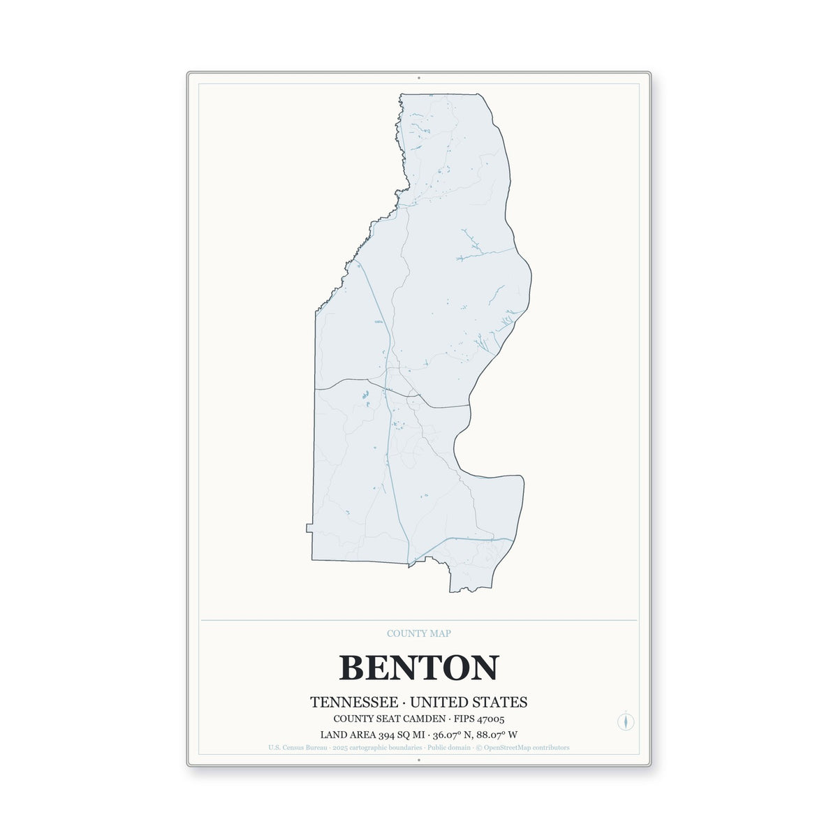 Benton County, Tennessee Map Aluminum Sign in Gallery Air style