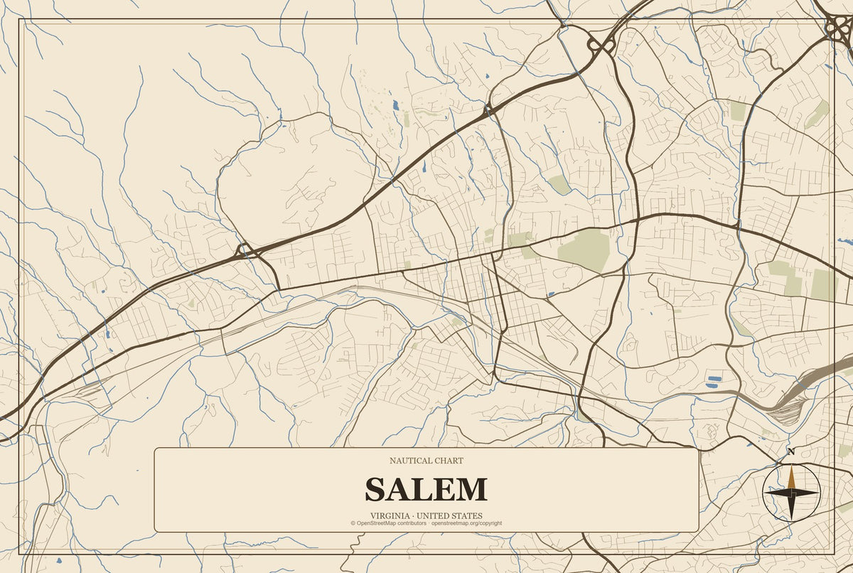 Salem, Virginia City Map Aluminum Sign in Heritage Nautical style