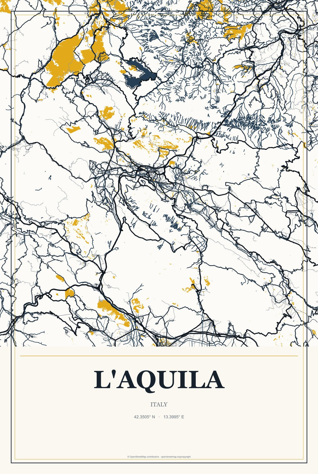 L'Aquila, Italy City Map Aluminum Sign in Citrine Modern style