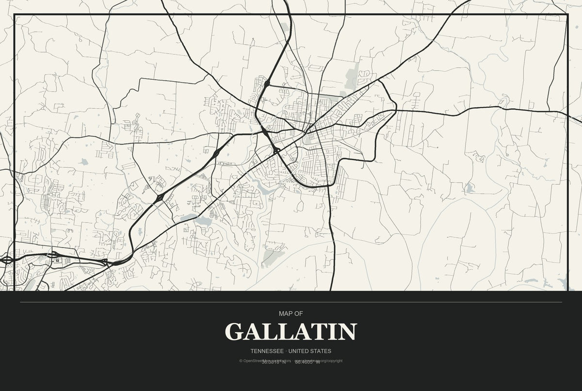 Gallatin, Tennessee City Map Aluminum Sign in Museum Plaque style