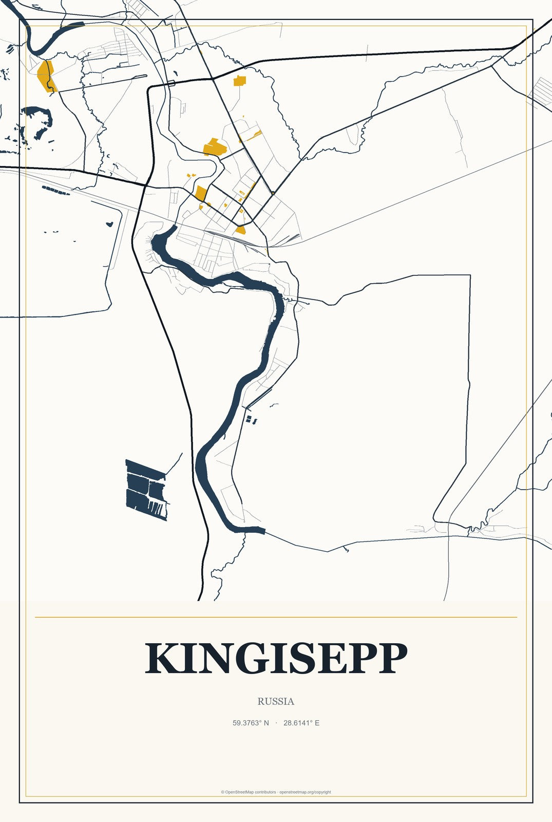 Kingisepp, Russia City Map Aluminum Sign in Citrine Modern style