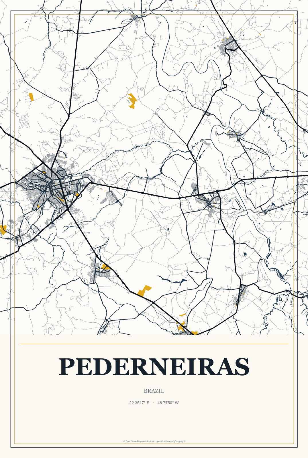 Pederneiras, Brazil City Map Aluminum Sign in Citrine Modern style