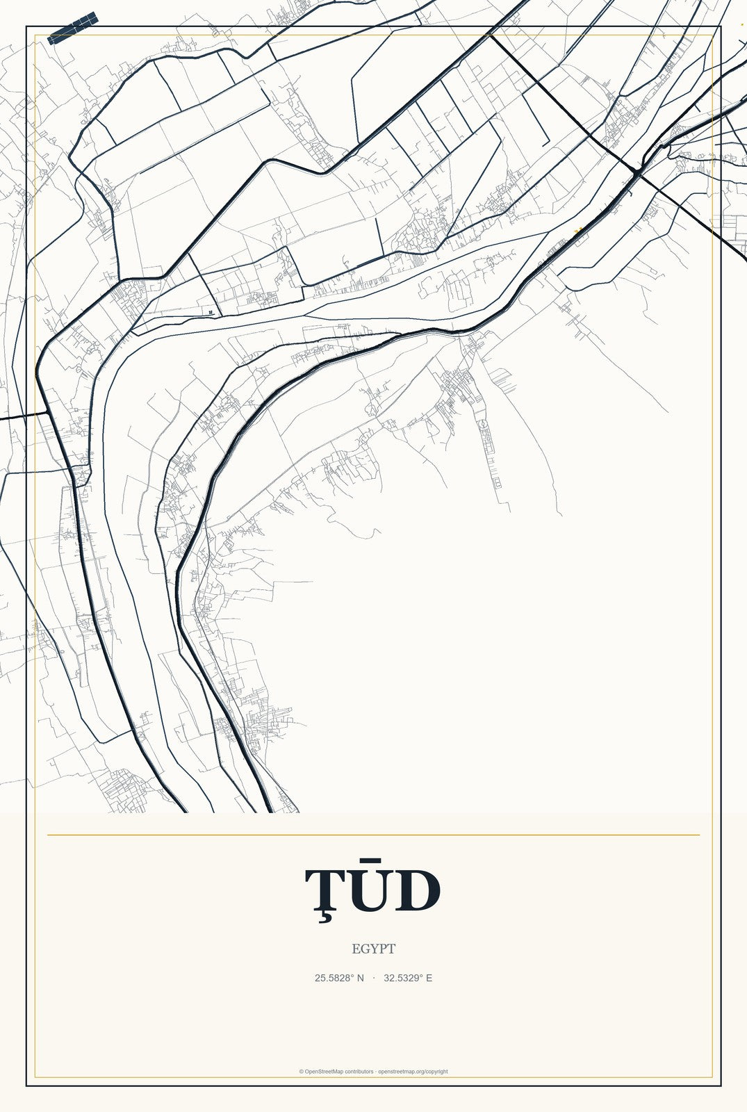 Ţūd, Egypt City Map Aluminum Sign in Citrine Modern style