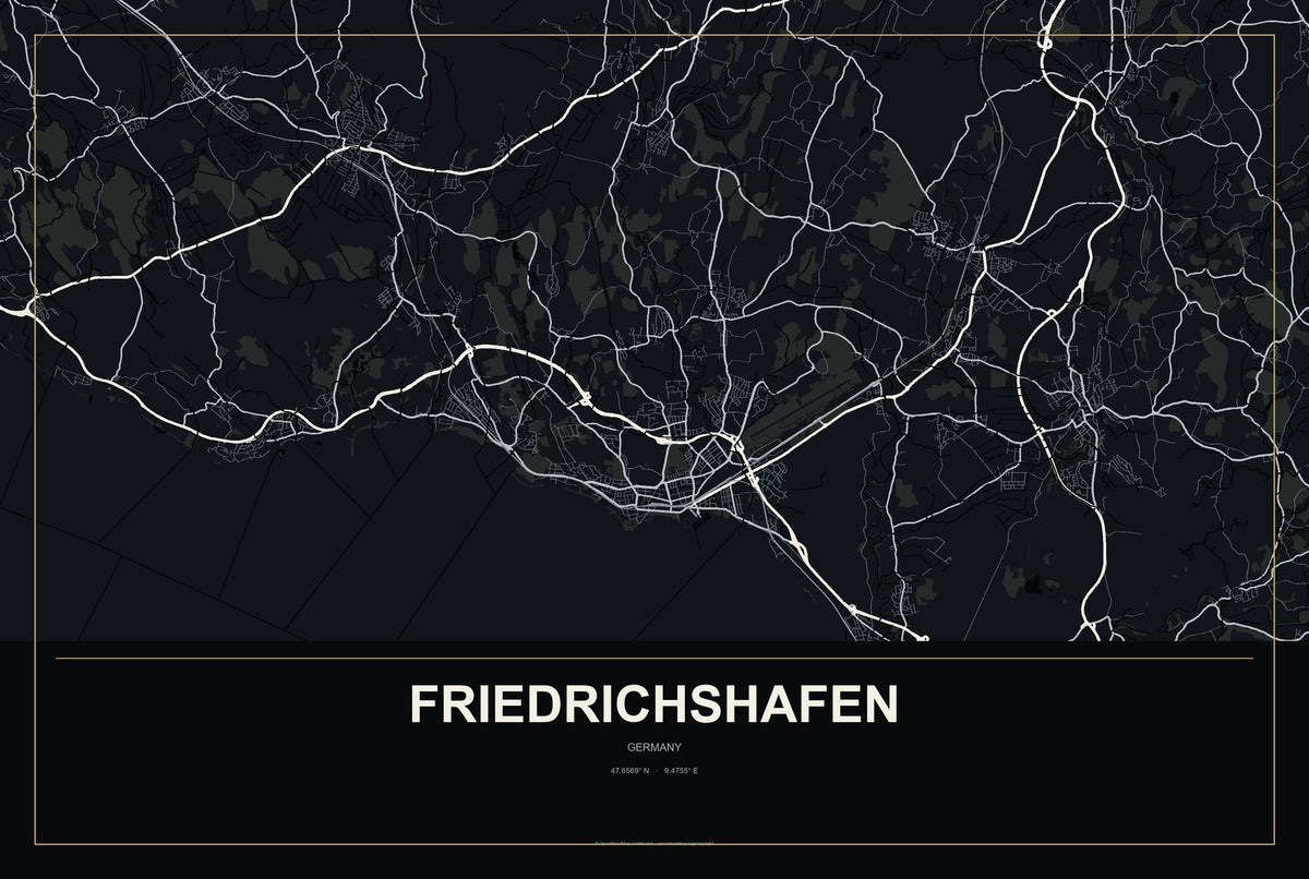Friedrichshafen, Germany City Map Aluminum Sign in Metropolitan Noir style
