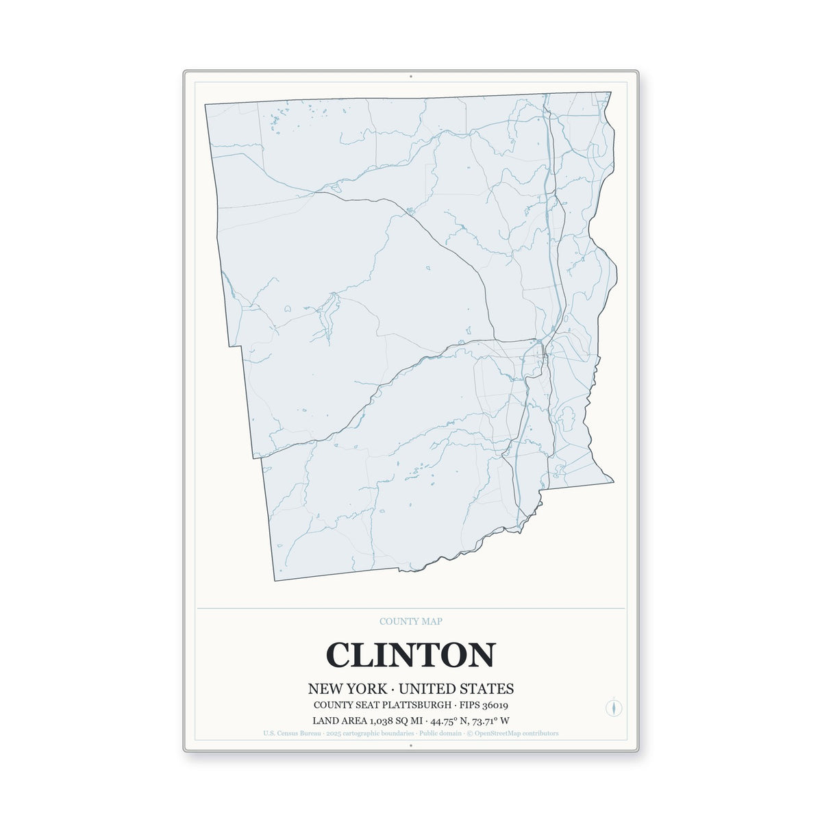 Clinton County, New York Map Aluminum Sign in Gallery Air style