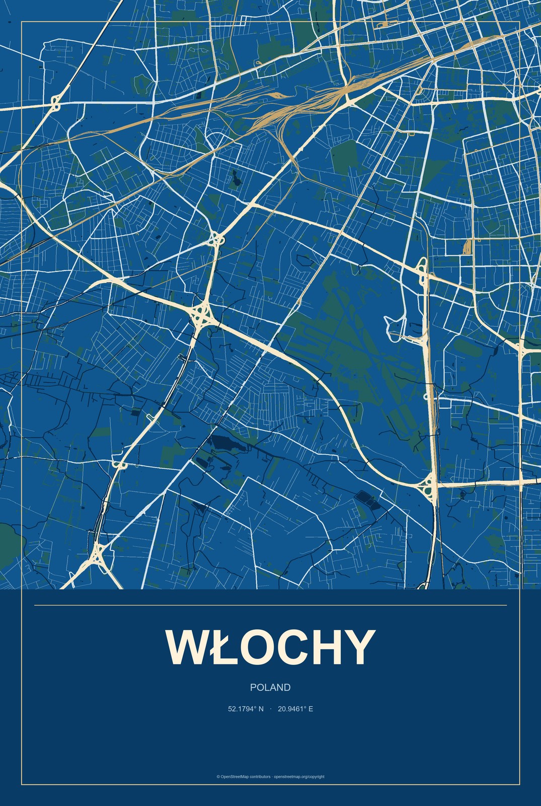 Włochy, Poland City Map Aluminum Sign in Harbor Cobalt style