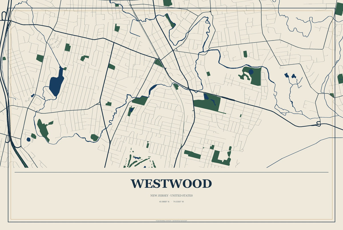Westwood, New Jersey City Map Aluminum Sign in Coastal Cutout style