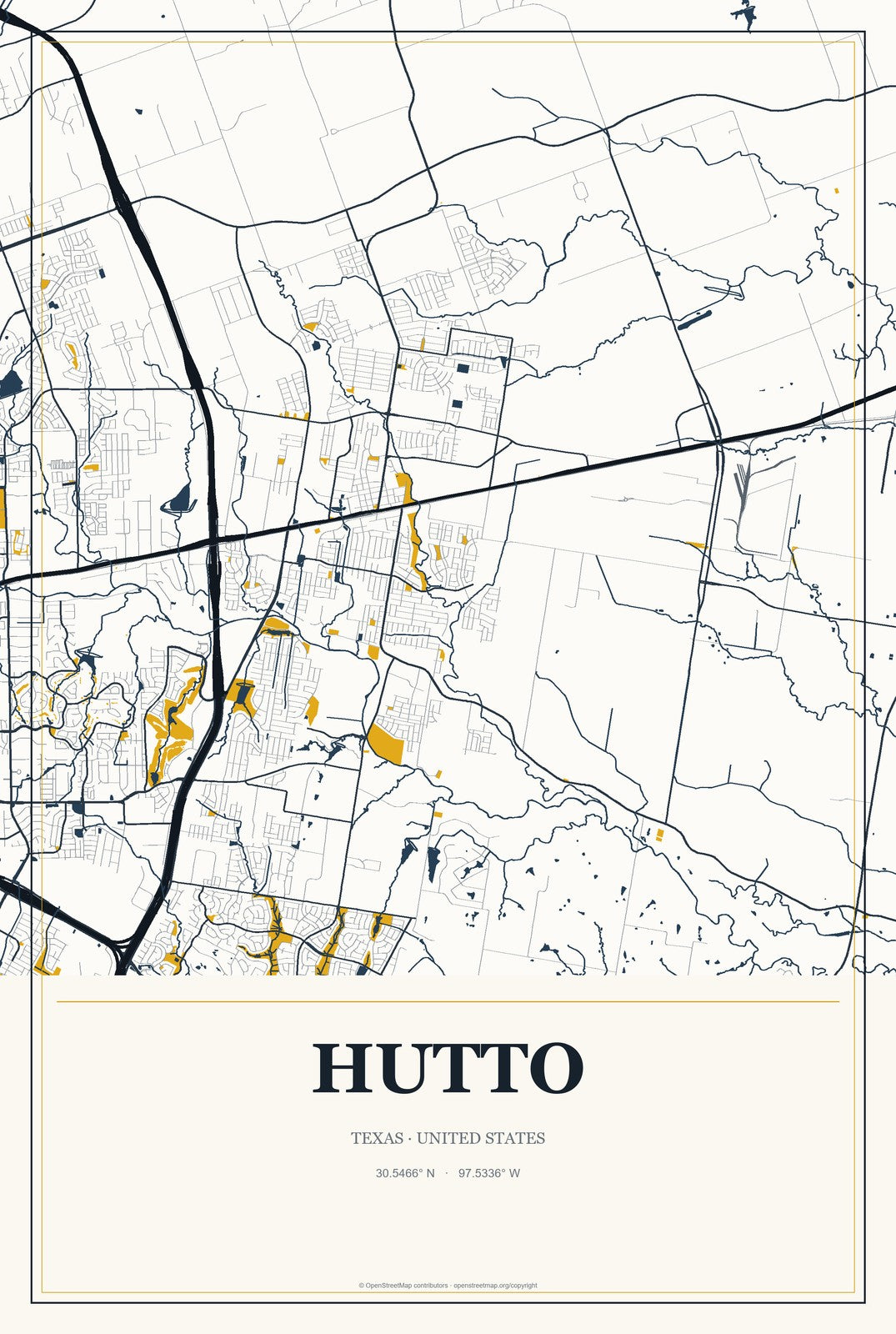 Hutto, Texas City Map Aluminum Sign in Citrine Modern style