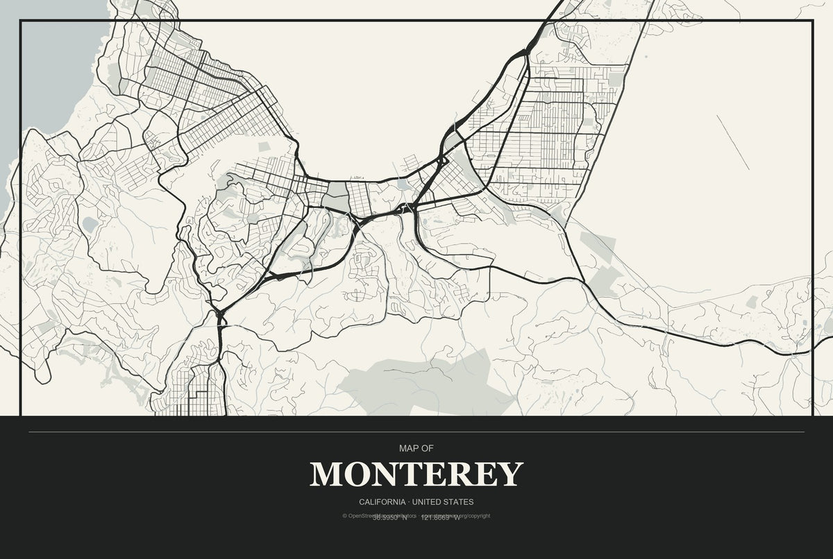 Monterey, California City Map Aluminum Sign in Museum Plaque style
