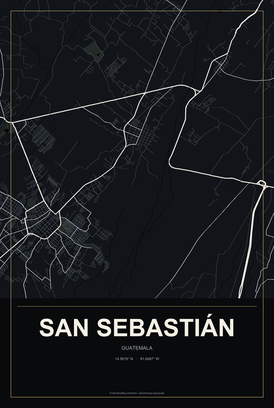San Sebastián, Guatemala City Map Aluminum Sign in Metropolitan Noir style