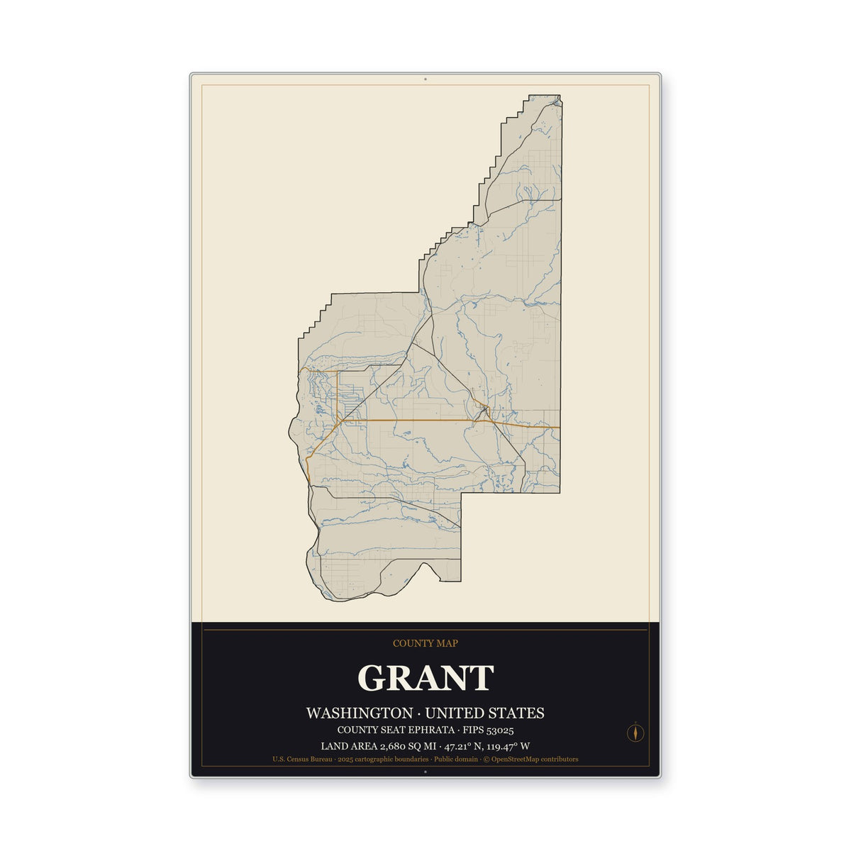 Grant County, Washington Map Aluminum Sign in Museum Plaque style