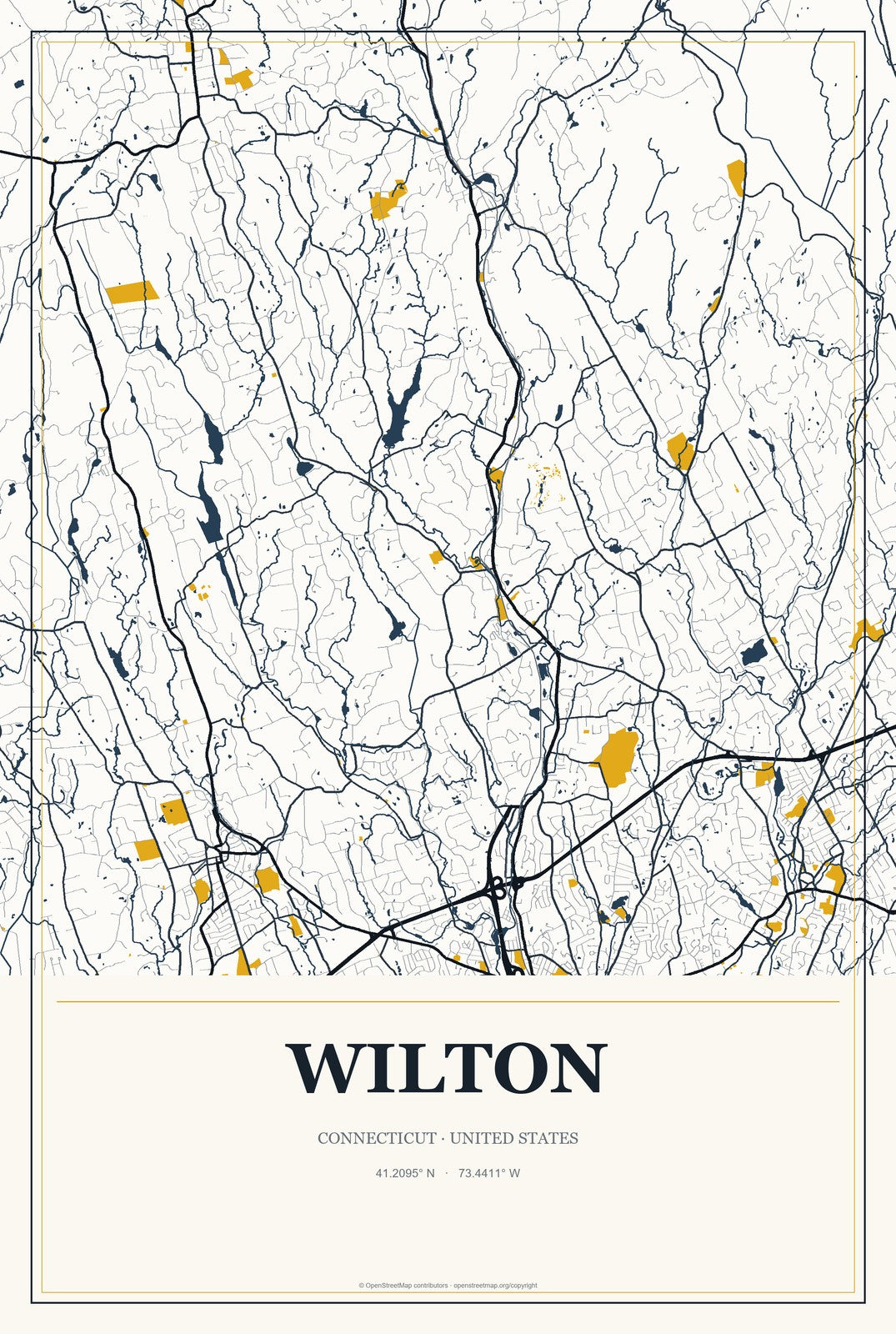 Wilton, Connecticut City Map Aluminum Sign in Citrine Modern style