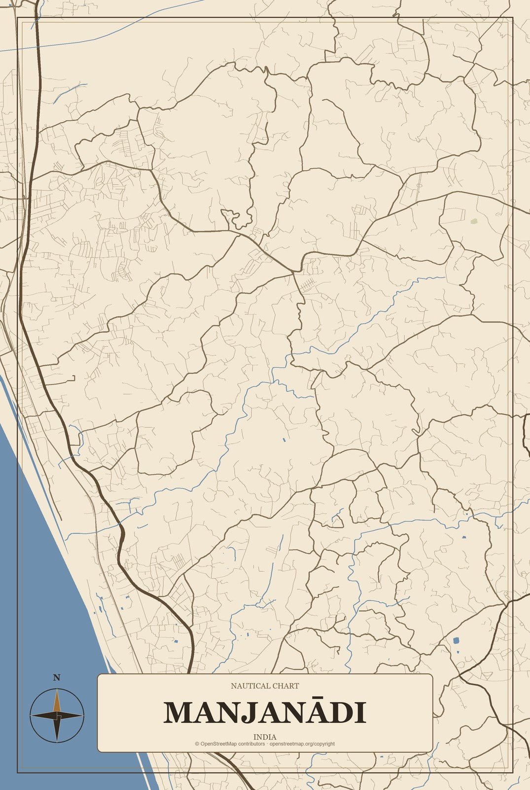 Manjanādi, India City Map Aluminum Sign in Heritage Nautical style