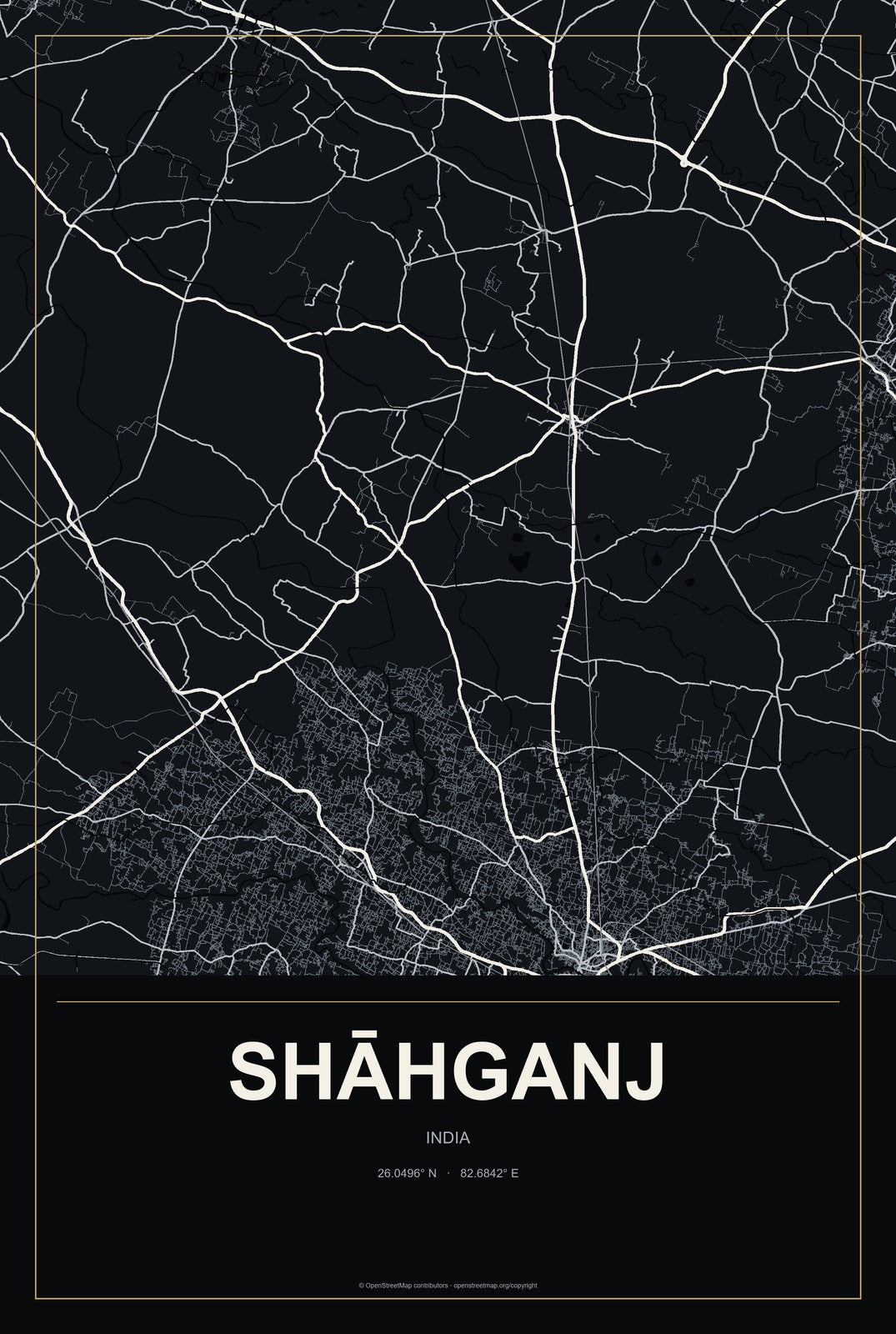 Shāhganj, India City Map Aluminum Sign in Metropolitan Noir style