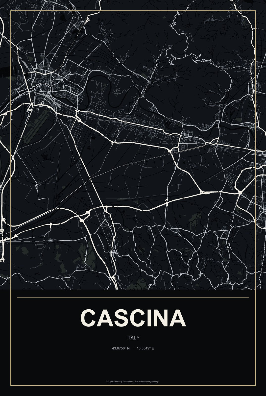 Cascina, Italy City Map Aluminum Sign in Metropolitan Noir style