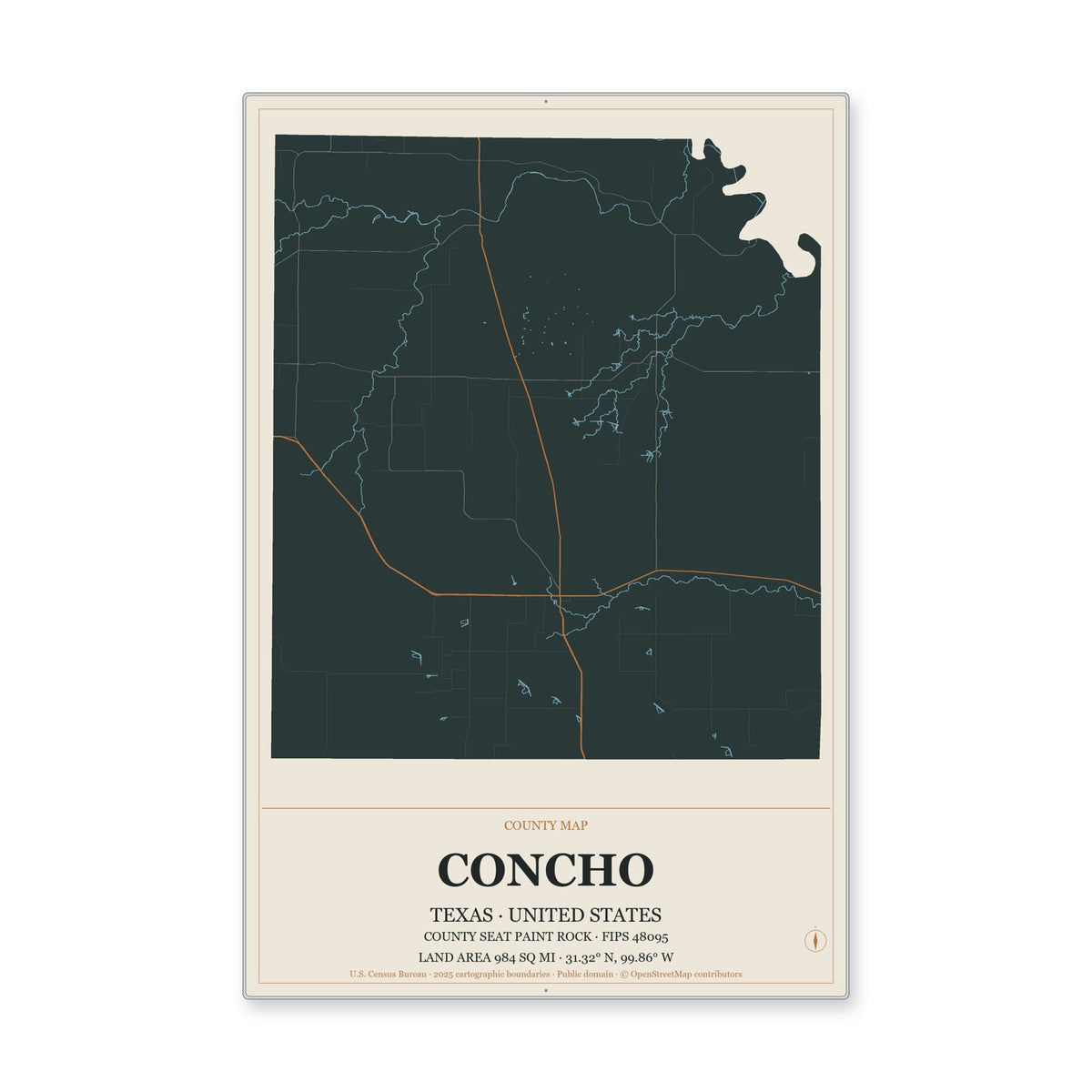 Concho County, Texas Map Aluminum Sign in Headline Atlas style