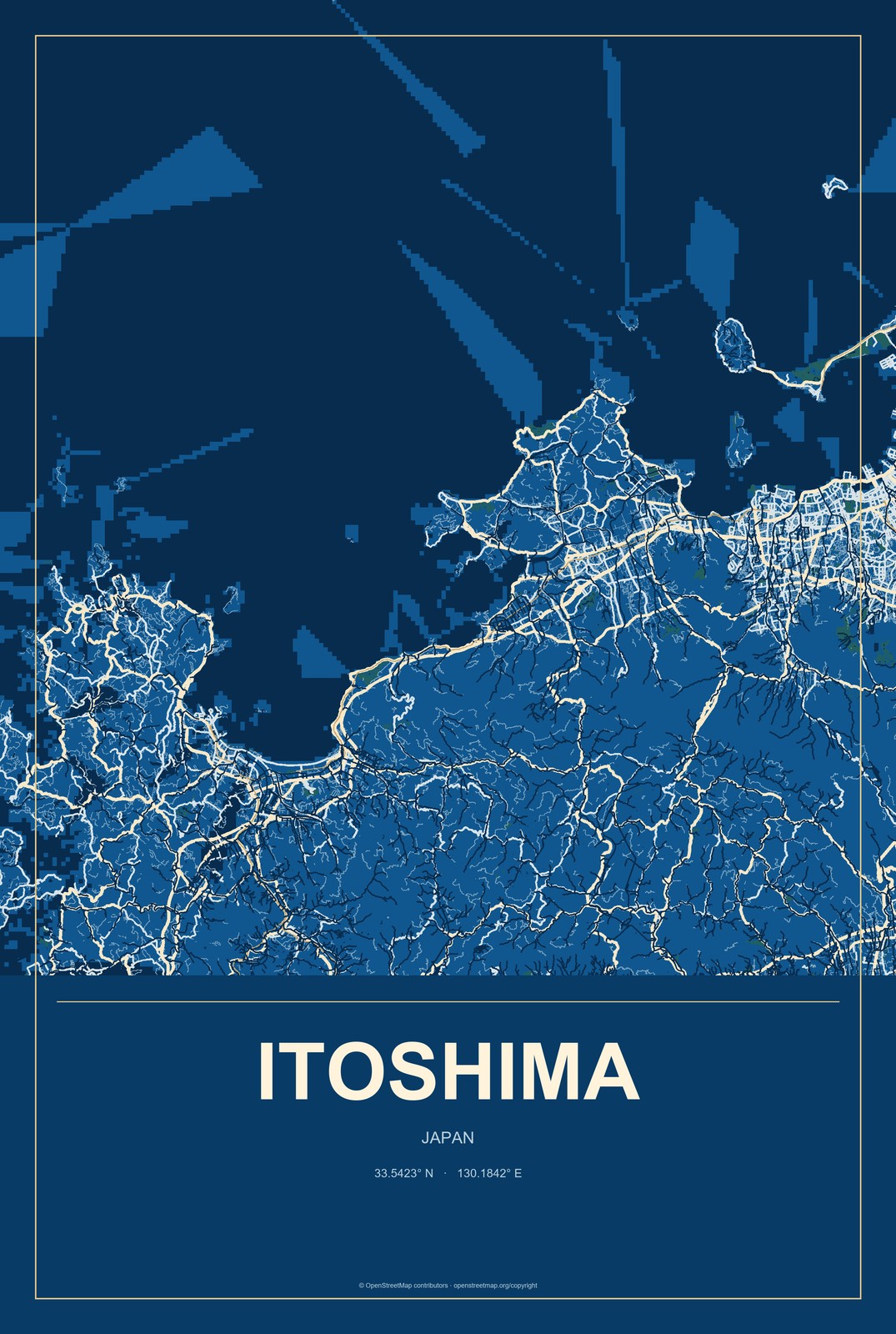 Itoshima, Japan City Map Aluminum Sign in Harbor Cobalt style