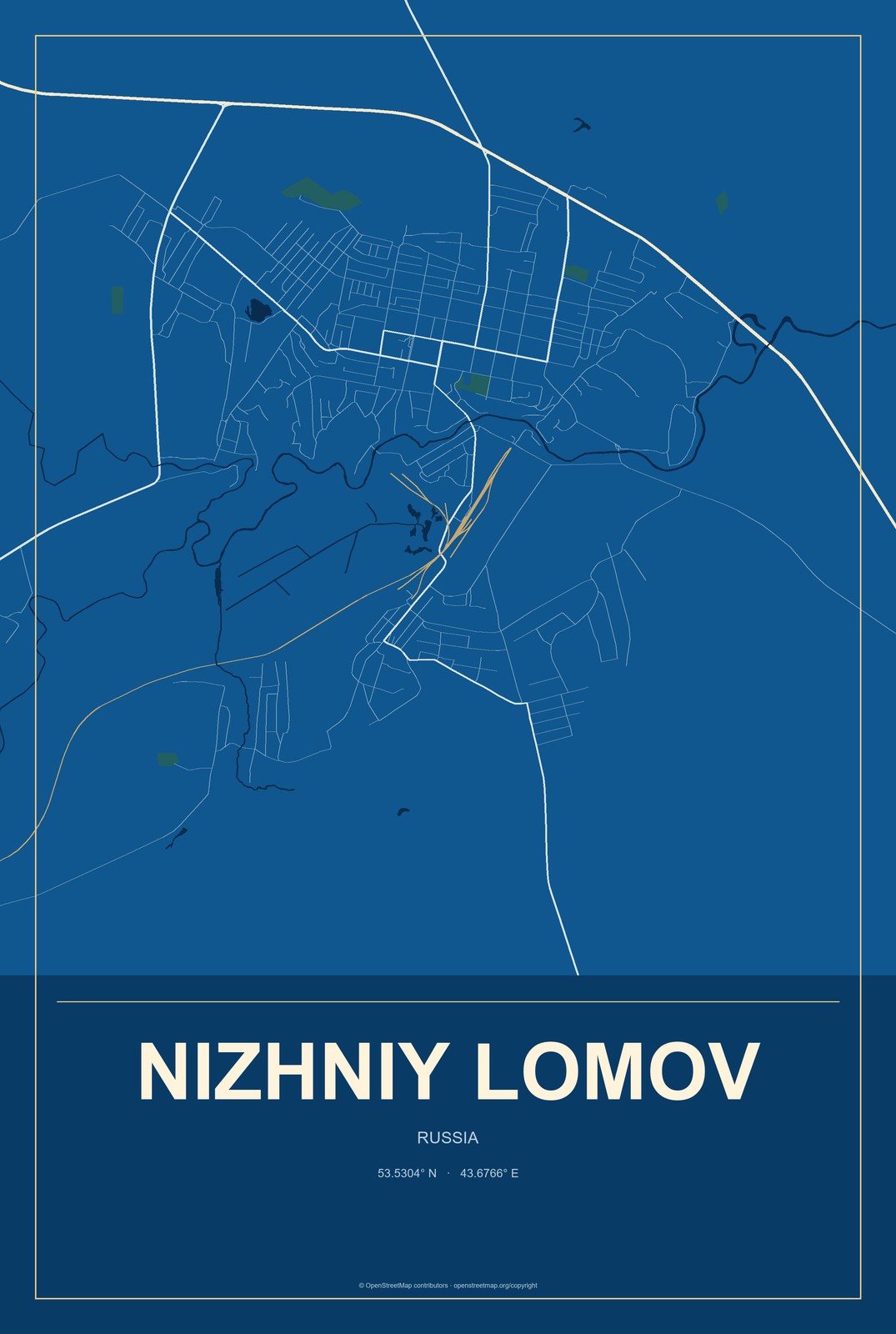 Nizhniy Lomov, Russia City Map Aluminum Sign in Harbor Cobalt style