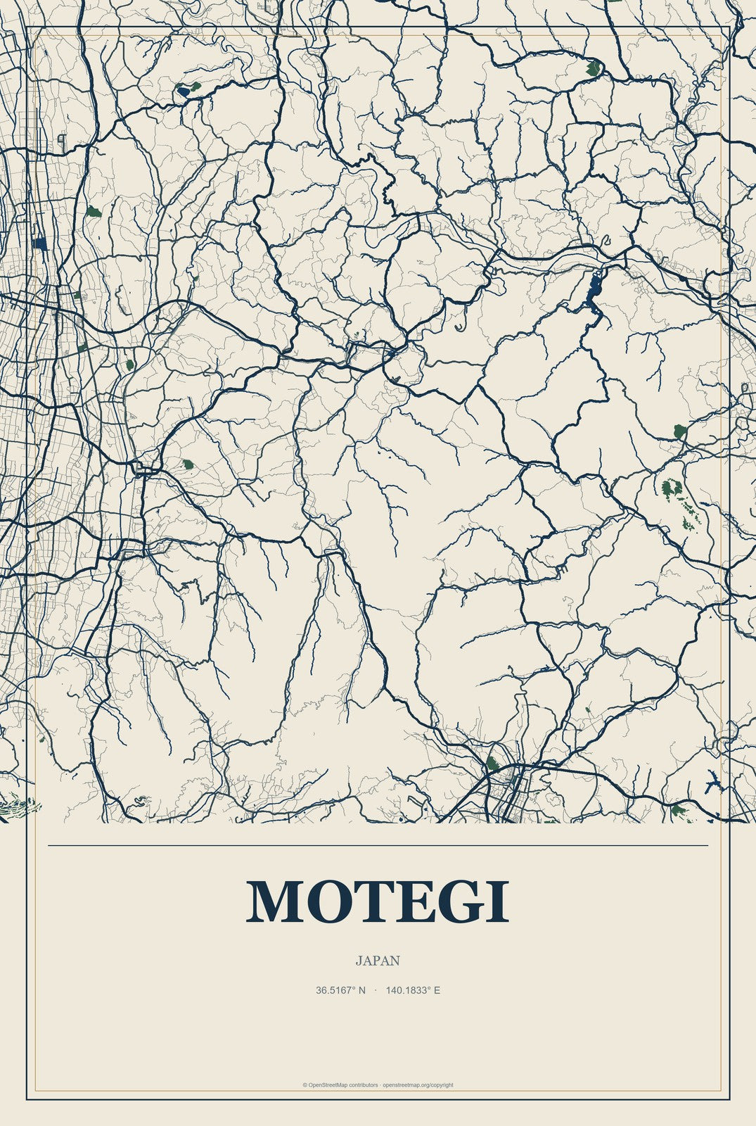Motegi, Japan City Map Aluminum Sign in Coastal Cutout style