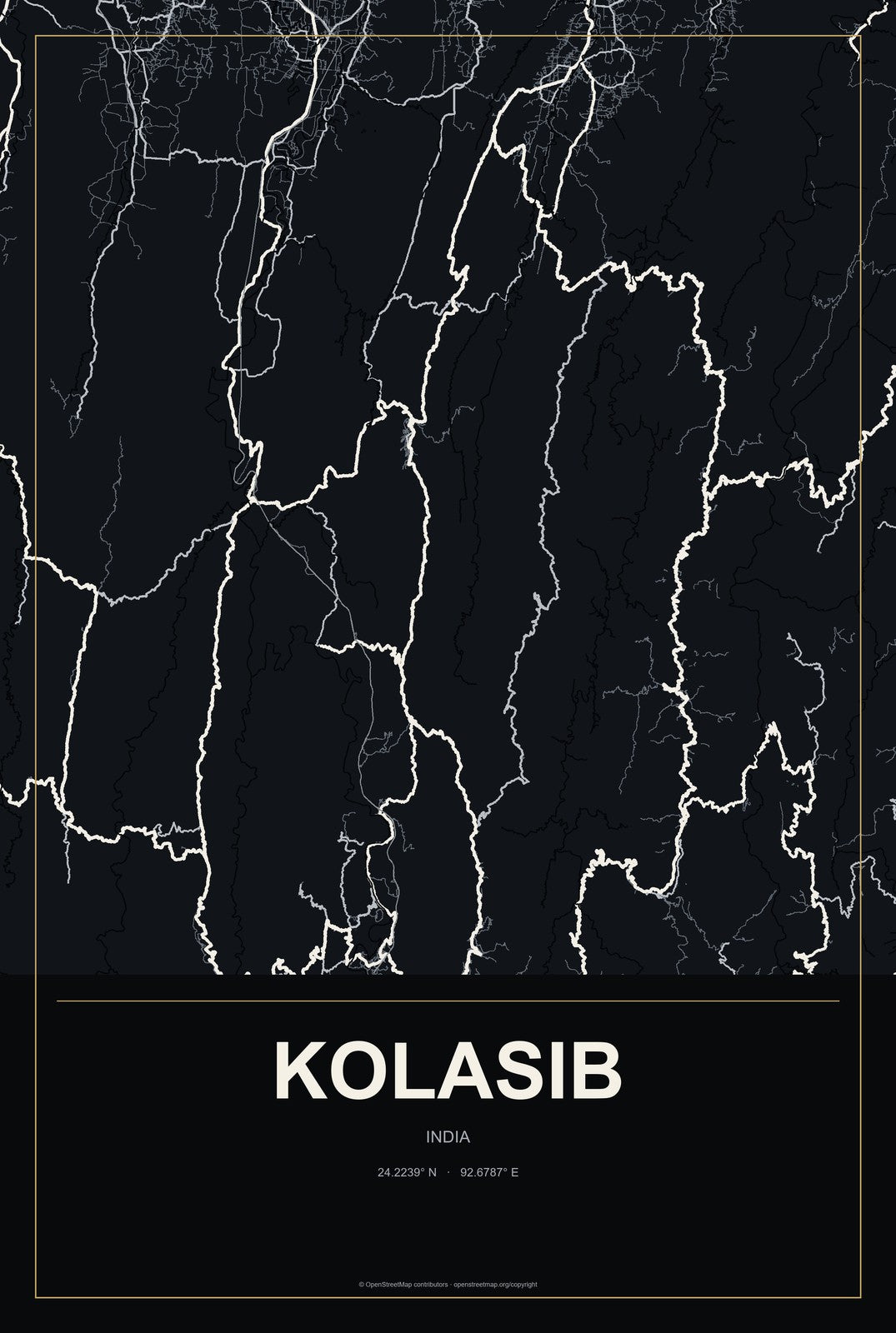 Kolasib, India City Map Aluminum Sign in Metropolitan Noir style