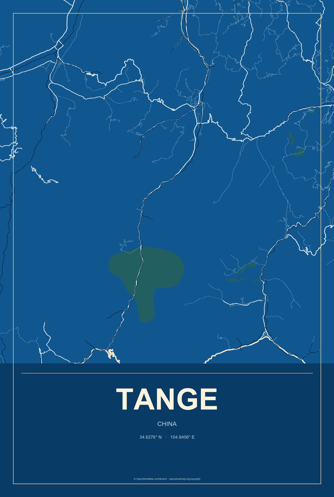 Tange, China City Map Aluminum Sign in Harbor Cobalt style